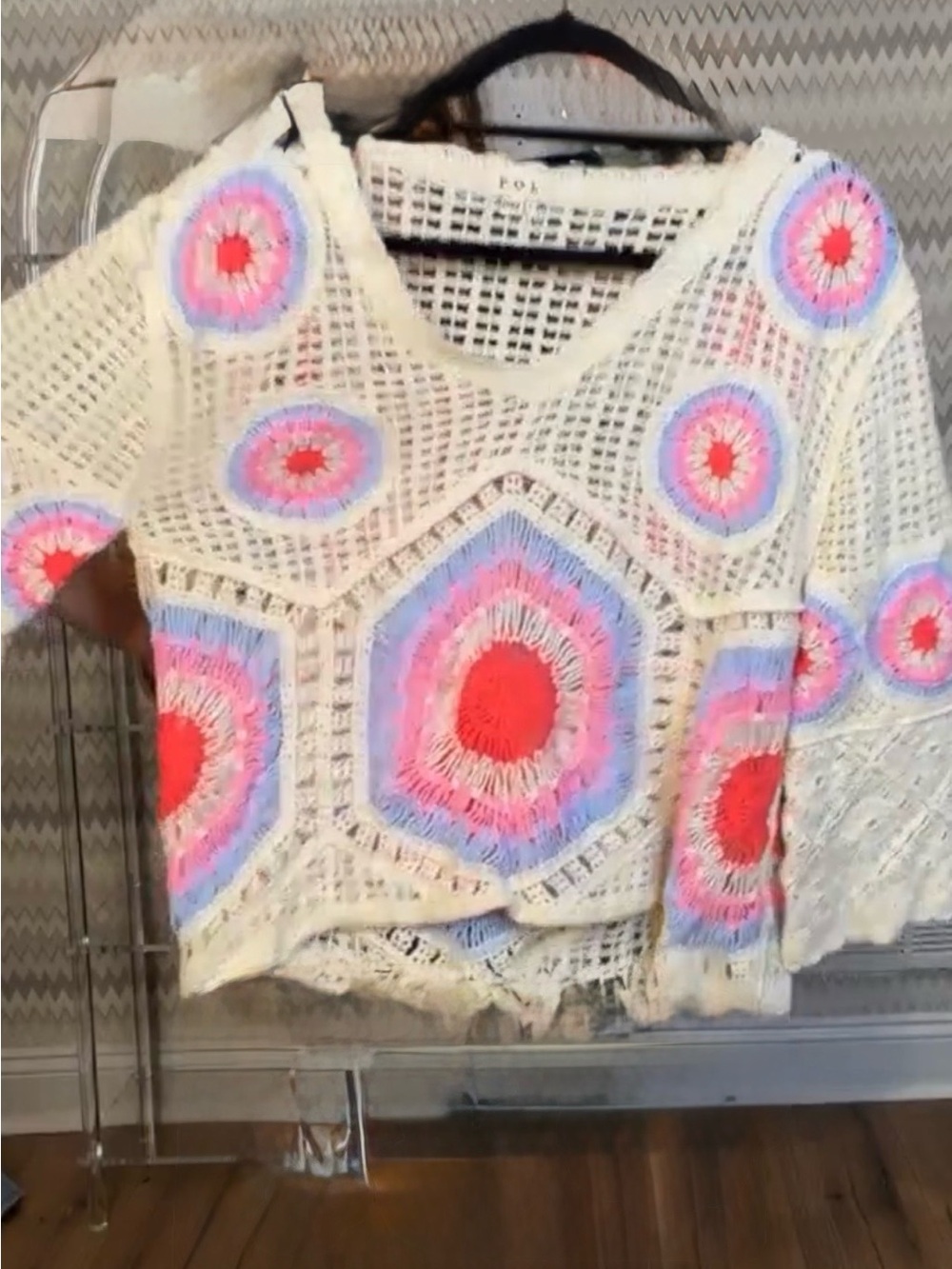 POL Crochet Open-Knit Crop Top in White with Pink and Blue Medallions